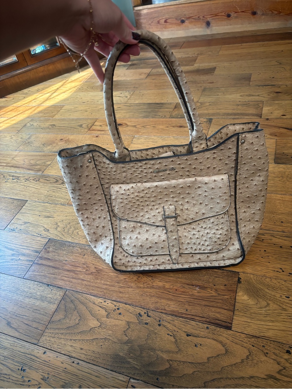 London Fog Beige Ostrich-Embossed Faux Leather Tote Bag - Women's Shoulder Bag